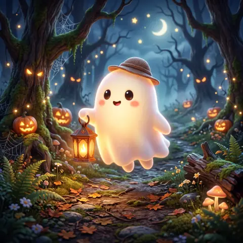 3D cute ghost character holding a lantern in a spooky but cozy forest, glowing soft light, Halloween mood, stylized rend