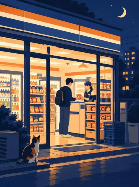 Flat vector illustration of a cozy Korean convenience store at night, warm interior glow, a student buying ramen, a cat