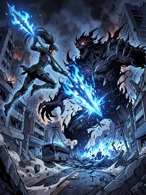 Hunter webtoon action scene: an S-rank hunter woman with a giant spear facing a towering shadow monster in a ruined Seou