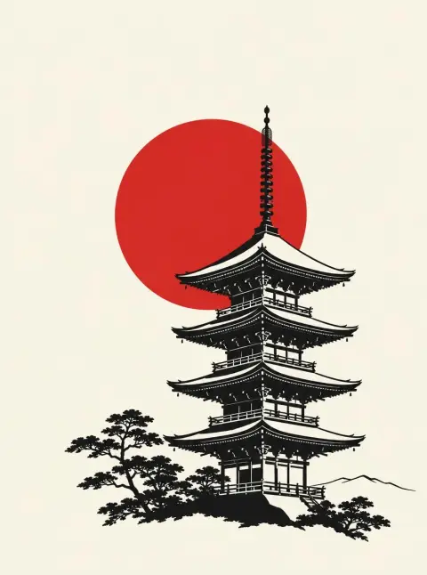 Minimal line art poster of a Kyoto pagoda with a red sun behind it, lots of negative space, two-color screen print style