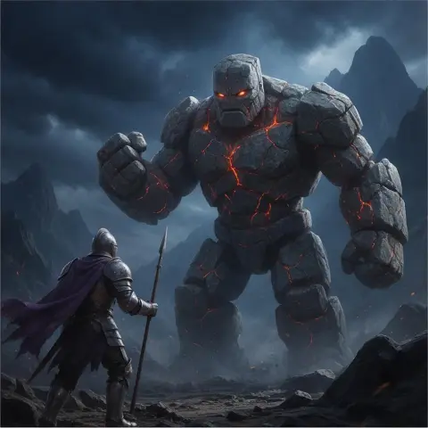 A knight facing a giant golem, epic fantasy digital painting, cinematic light