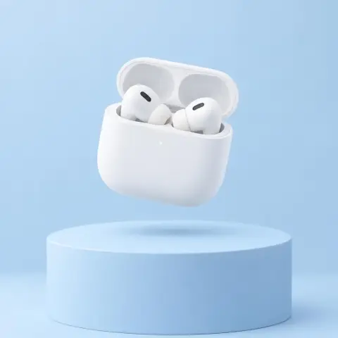 Wireless earbuds in an open matte white case floating above a pastel blue pedestal, soft shadows, clean tech product ren
