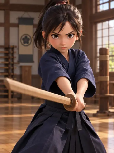 3D stylized young samurai girl with a wooden sword and determined face, animated film quality, dojo background