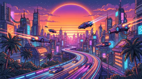 Retro-futuristic 1980s anime-style city with flying cars over a neon highway at dusk, synthwave sunset with a huge sun,