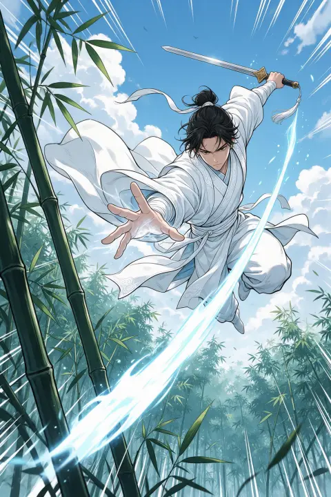 Webtoon murim martial artist in white robes mid-leap above bamboo forest, sword trailing a ribbon of qi light, dynamic s