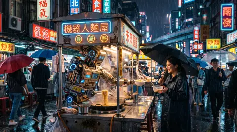 Robot street-food vendor serving noodles to customers in a rainy future Taipei night market, steam, neon reflections, co