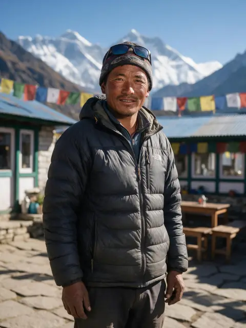 Nepali sherpa guide in his forties at a mountain lodge, sun-weathered face, colorful prayer flags behind, snow peaks in