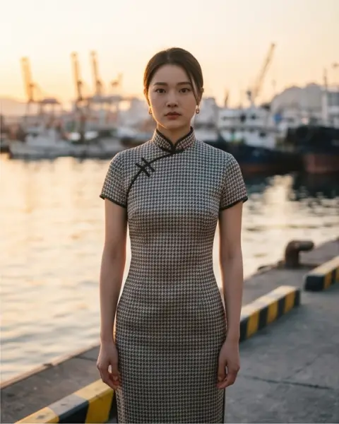 High fashion editorial of a young Chinese woman wearing a modern qipao in a Busan harbor, golden hour backlight, cinemat