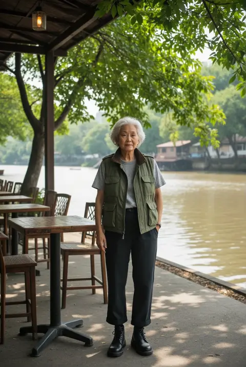 High fashion editorial of a Chinese grandmother wearing streetwear with a cargo vest in a Bangkok riverside cafe, dapple