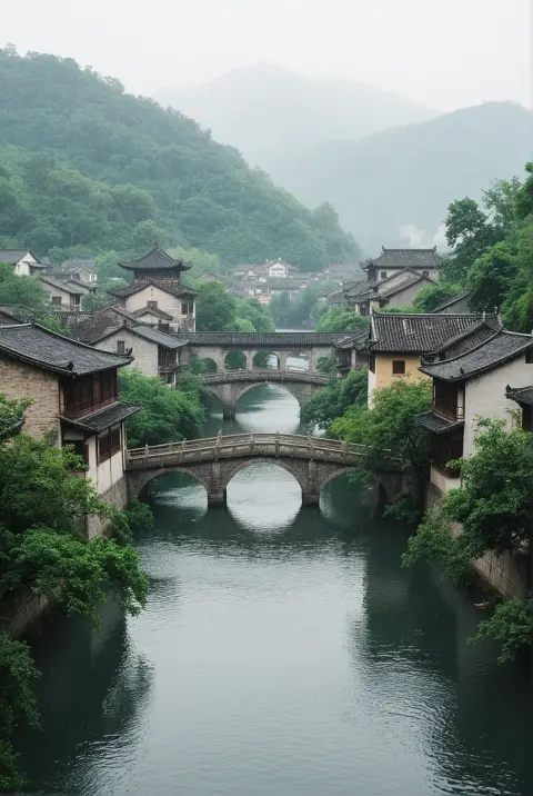 Chinese guofeng digital painting of a river town with stone bridges in rain, ink wash textures with fine gold lines, eth