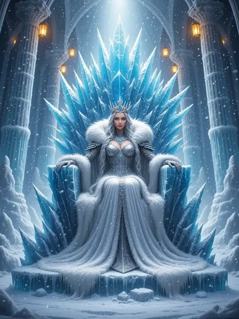 A winter queen on an ice throne, epic fantasy digital painting, cinematic light