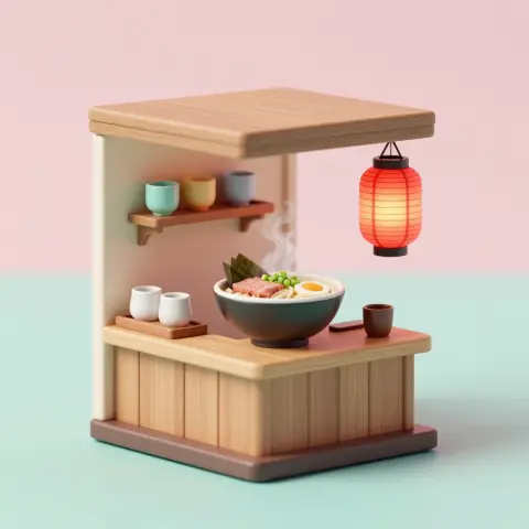 A mini diorama of a ramen shop, cute 3D render, soft studio lighting, pastel background