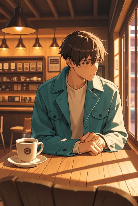 vibrant anime illustration, dynamic composition: a mage boy with a long blue coat in a cafe with warm lights